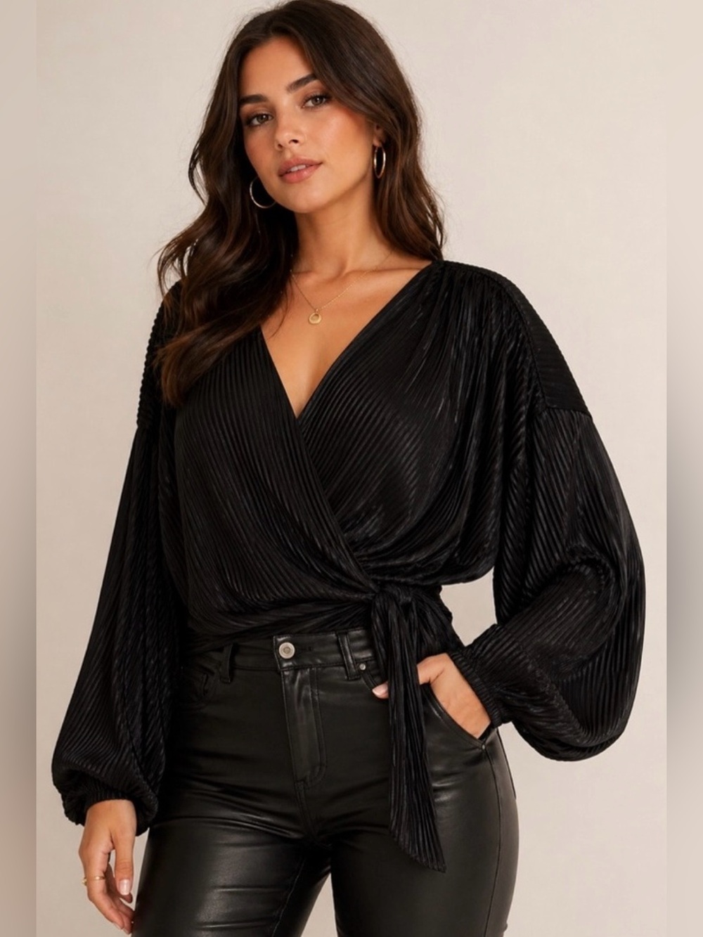 NWT Express Pleated Draped V-neck Long Sleeve Faux Wrap Black Blouse